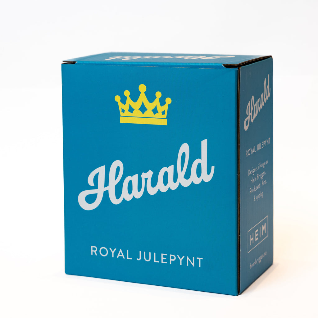 HARALD og SONJA Julekuler - By HEIM Studio blå eske med kongekrone for royal julepynt