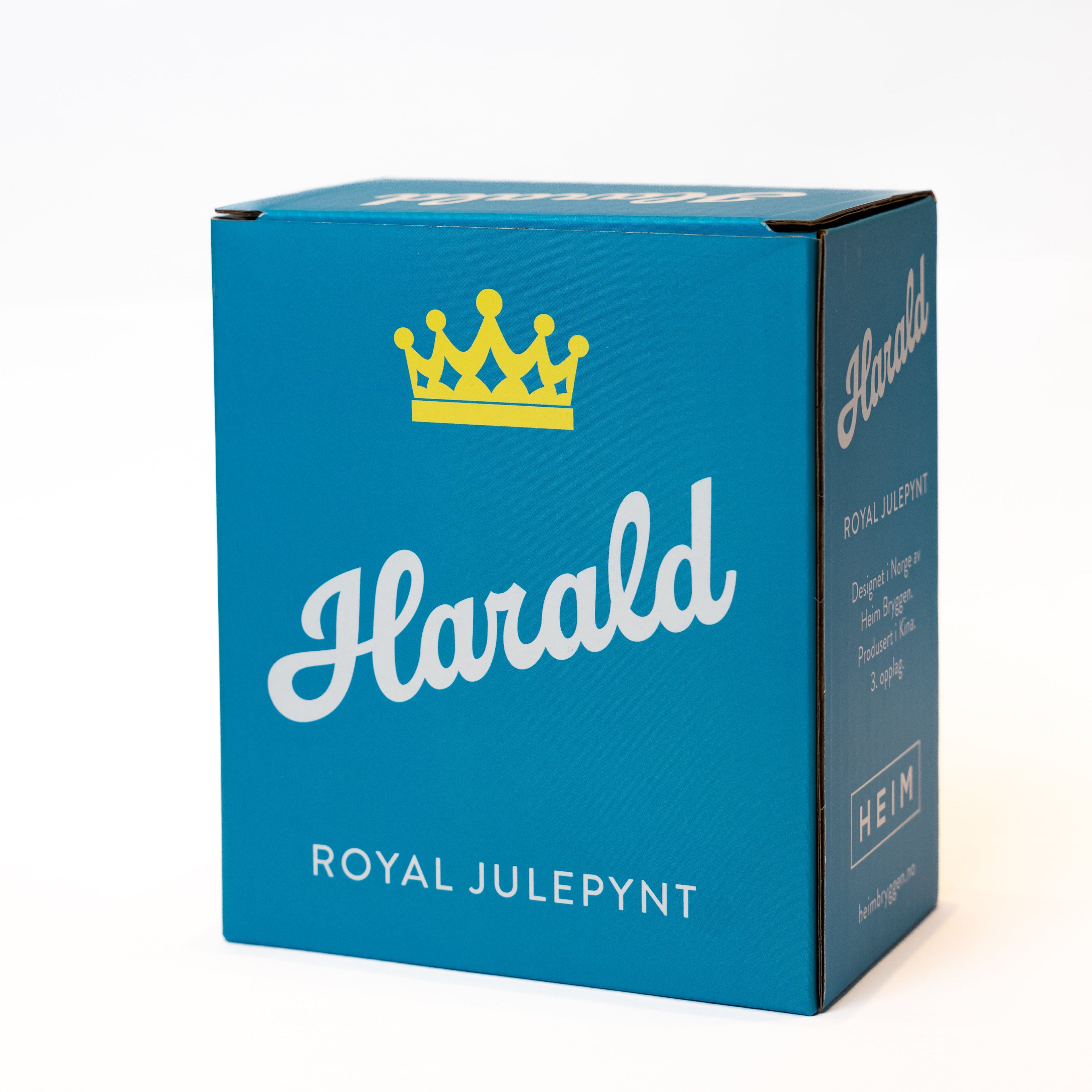 HARALD og SONJA Julekuler - By HEIM Studio blå eske med kongekrone for royal julepynt