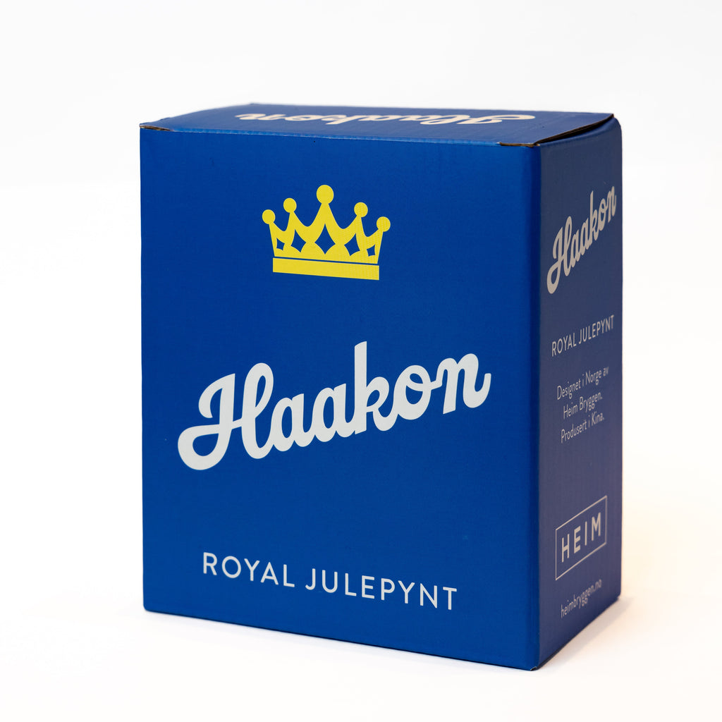 HAAKON og METTE-MARIT Julekuler - By HEIM Studio i blå eske med kongekrone og elegant design for julepynt