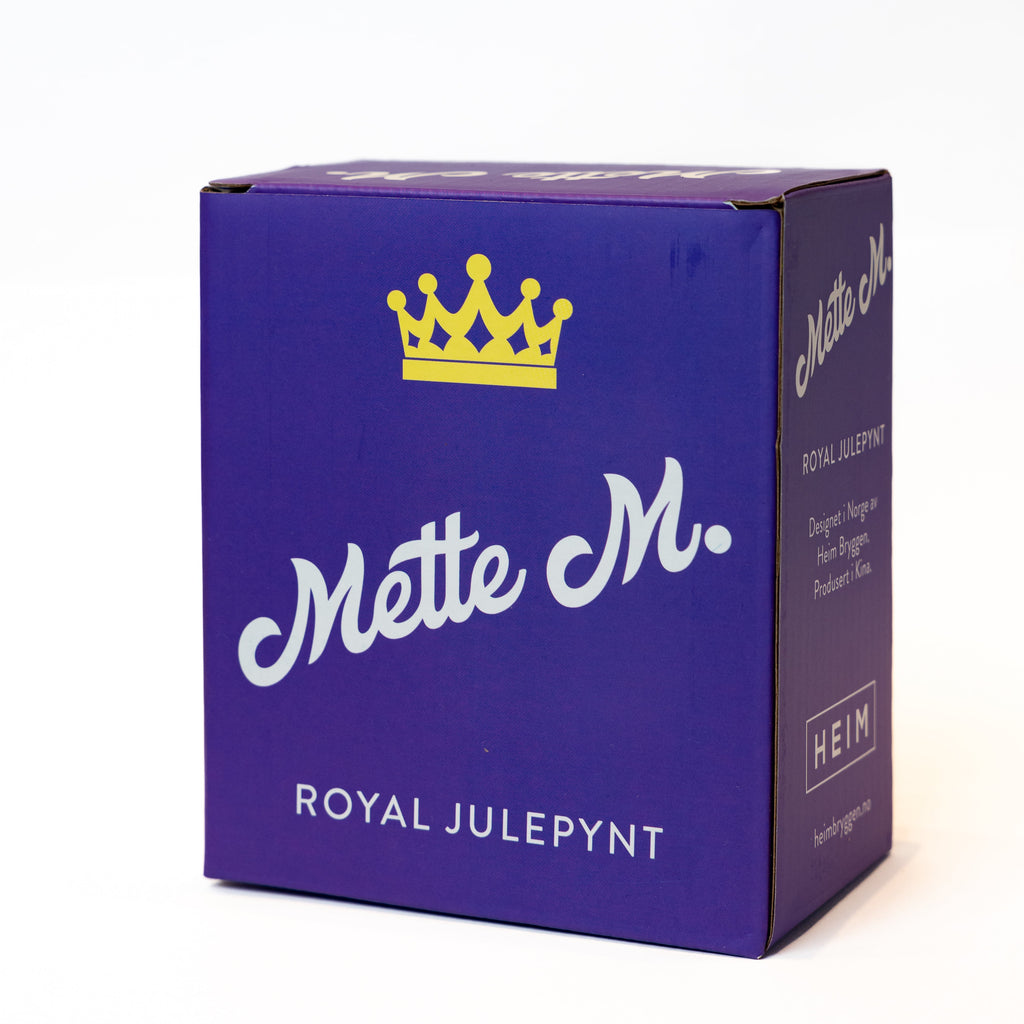 HAAKON og METTE-MARIT Julekuler - By HEIM Studio i elegant blå emballasje med gullkrone for kongelig julepynt