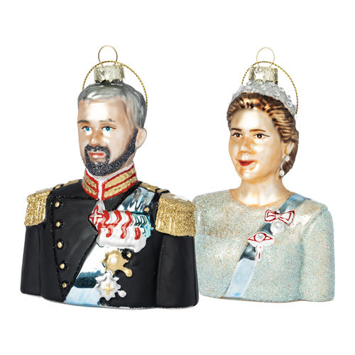 FREDERIK og MARY Julekuler - By HEIM Studio i dekorative kongelige design med detaljerte farger og gullglitter