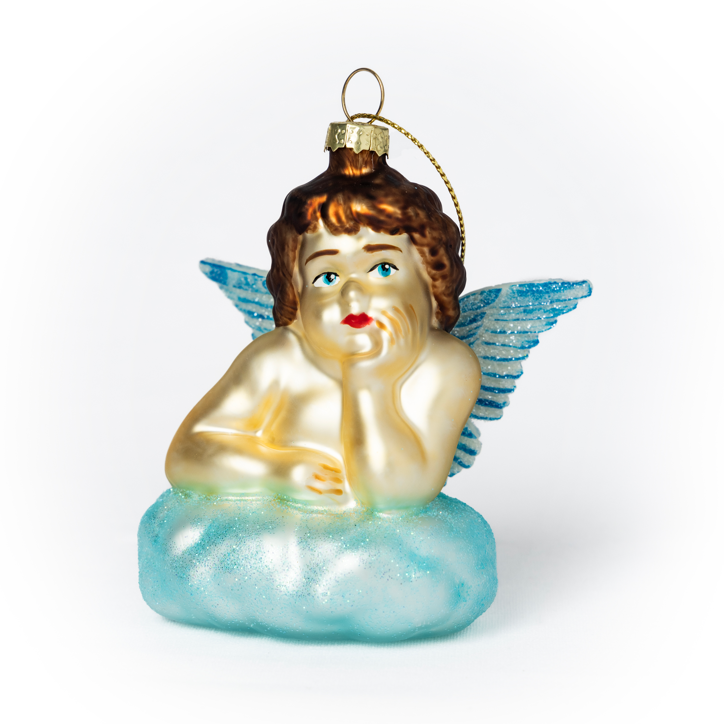 Håndmalt julekule i glass, glansbilde-engel med vinger