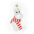 MUMMITROLLET Julekule - MOOMIN by HEIM i hvit glassfigur med rødt og hvitt stripet skjerf for juletrepynt