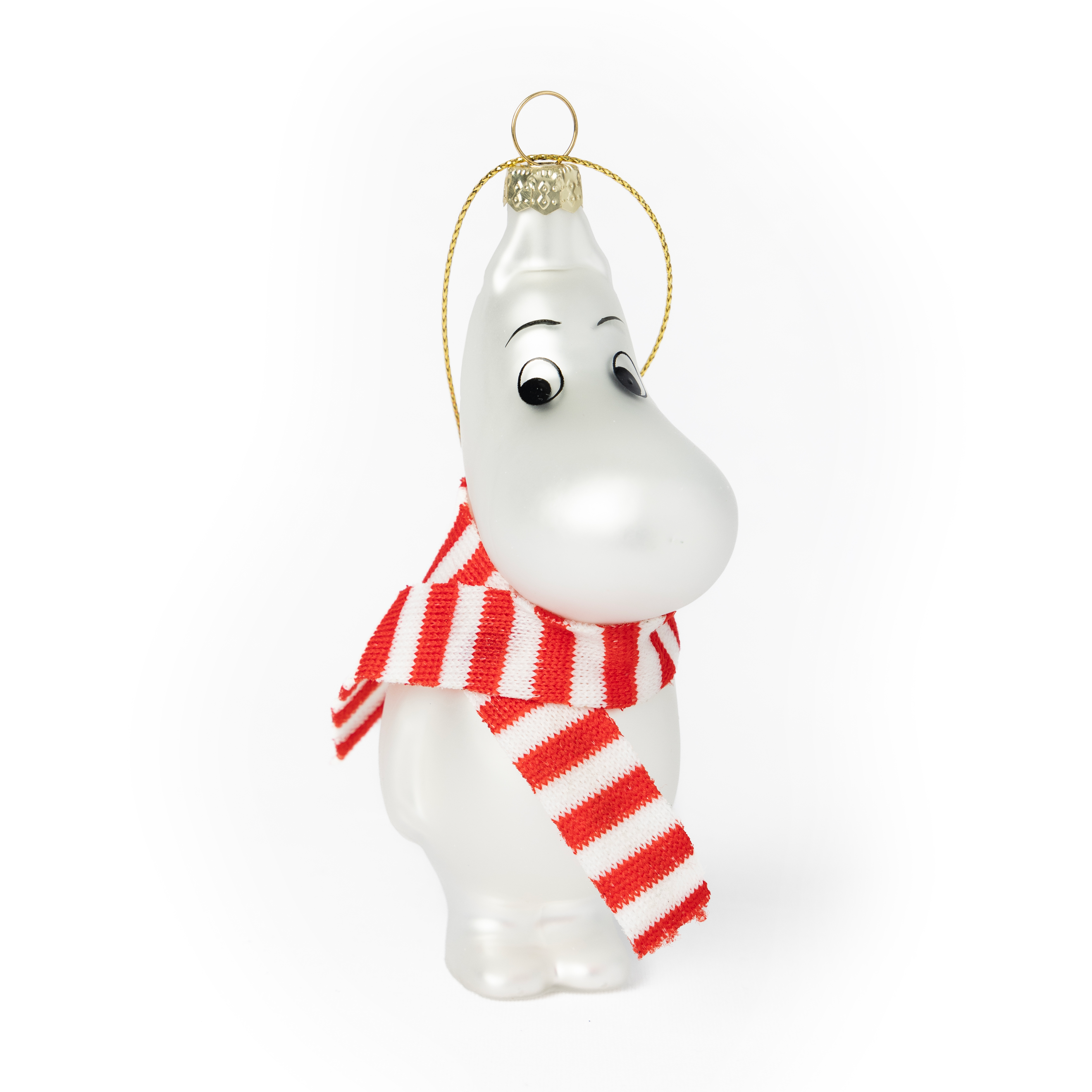 MUMMITROLLET Julekule - MOOMIN by HEIM i hvit glassfigur med rødt og hvitt stripet skjerf for juletrepynt